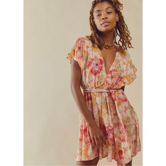 Free People Womens Pink Floral Freddy Tie Fruit Punch Boho Mini Dress Small - Picture 14 of 16